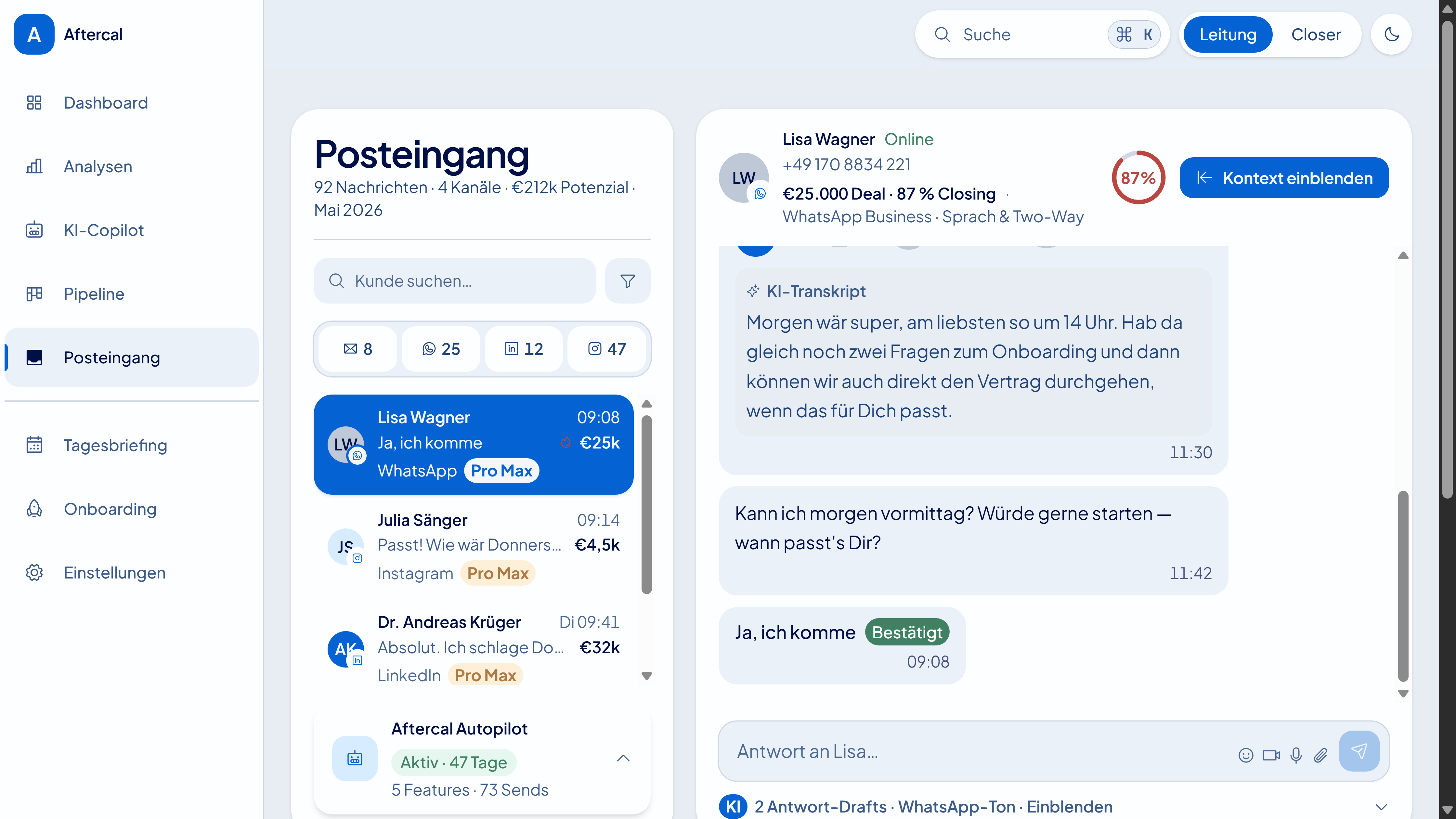 Posteingang: Originalansicht der Aftercal-Designvorschau mit Beispieldaten.