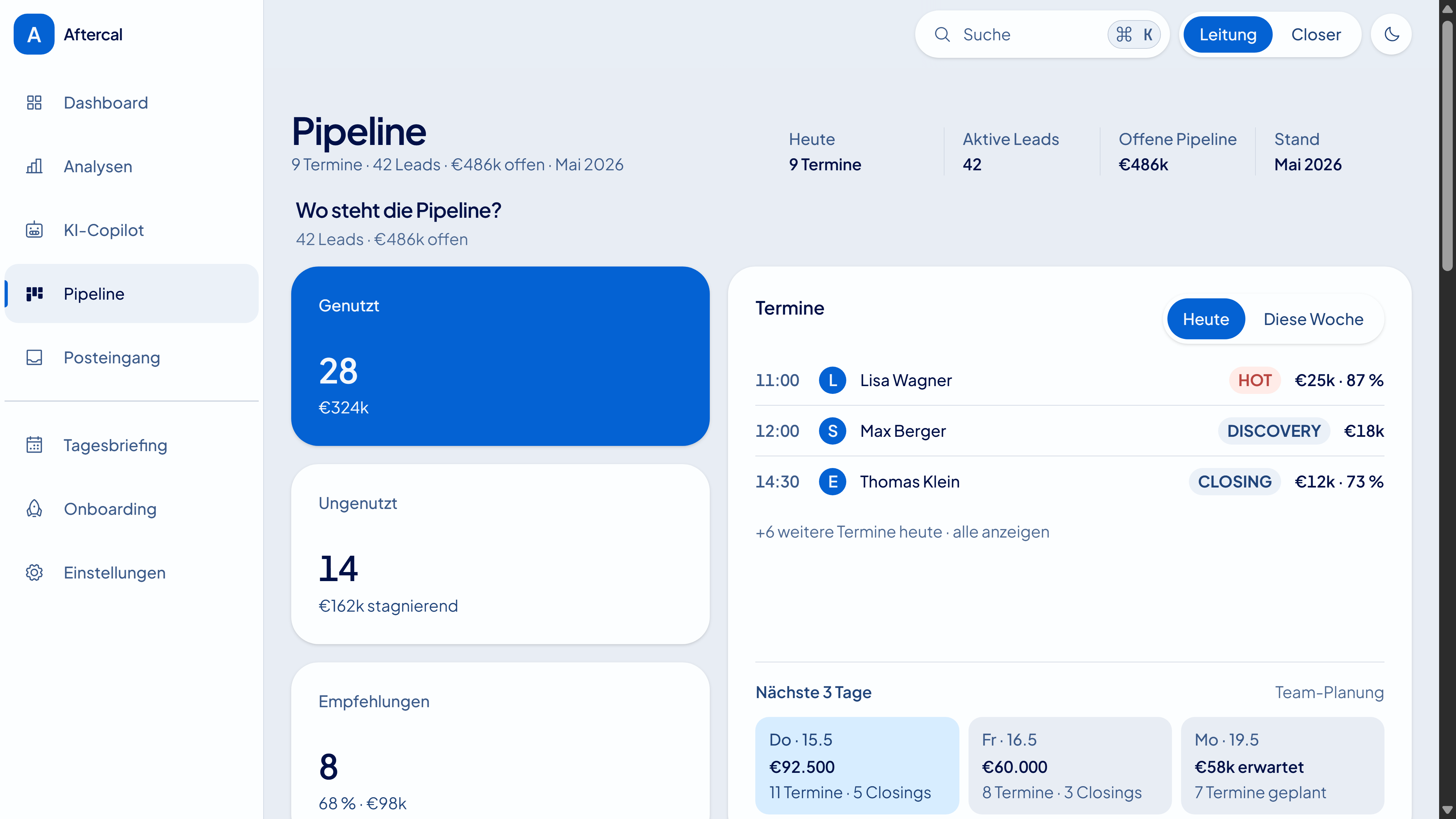 Aggregierte Pipeline: Originalansicht der Aftercal-Designvorschau mit Beispieldaten.